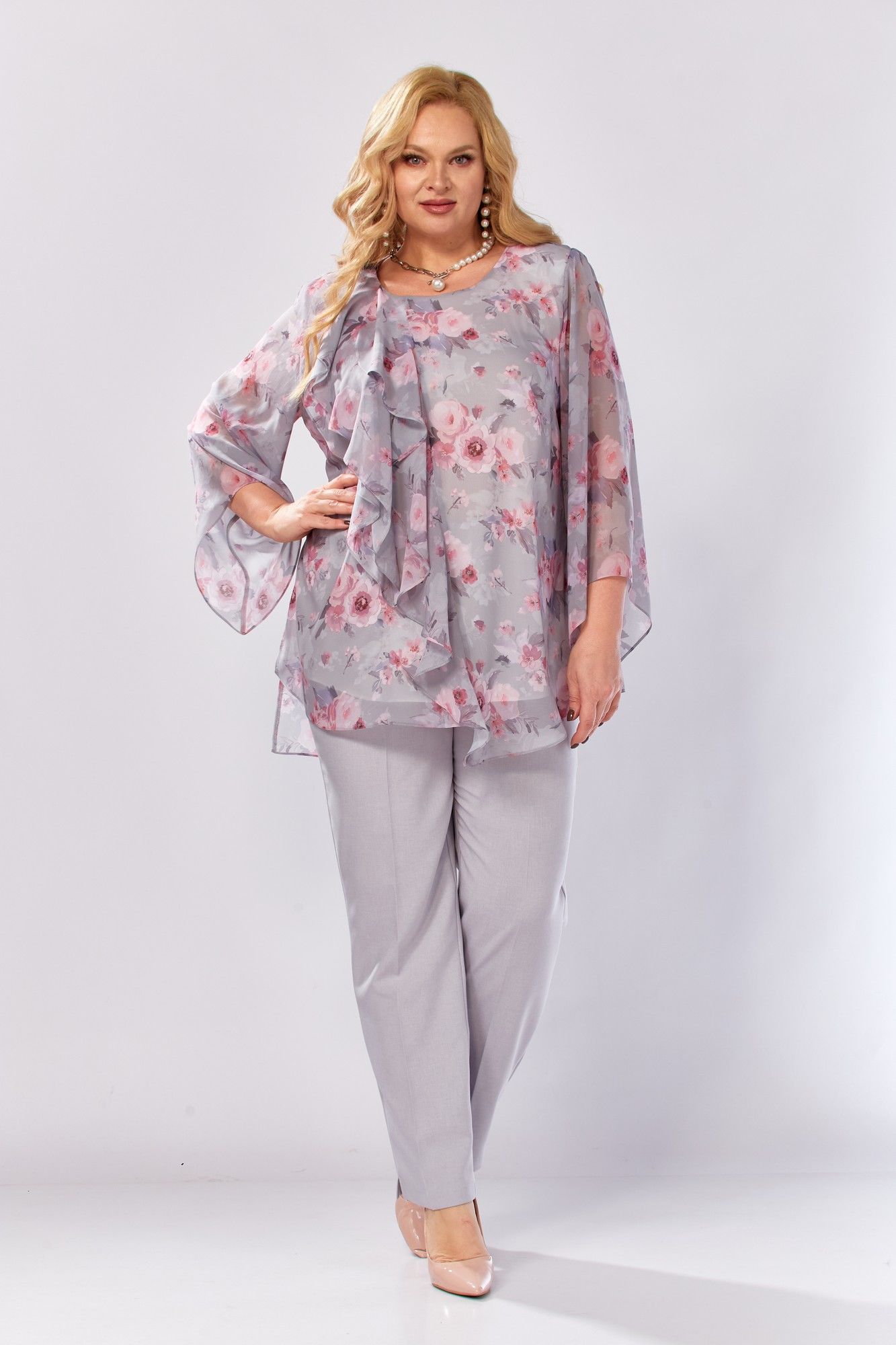 
Блуза, брюки Элль-стиль 2460 серый_розовый_принт