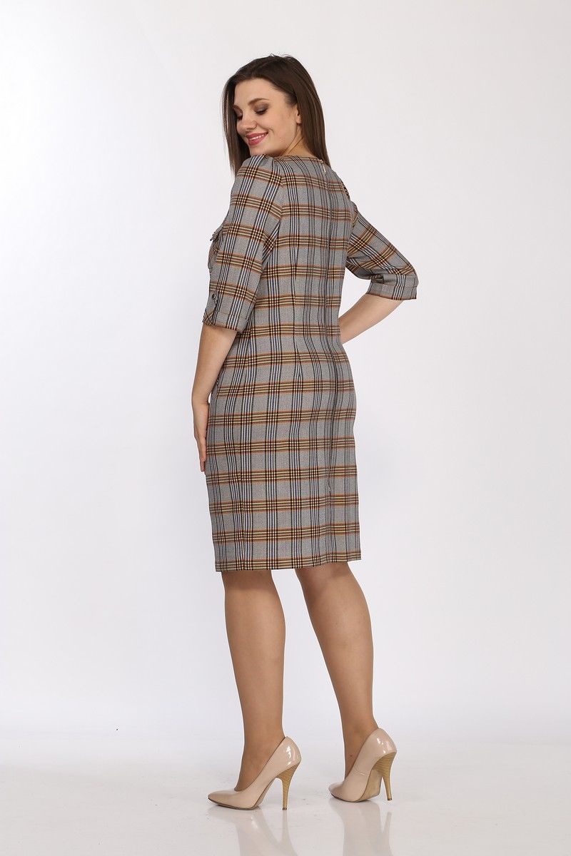 Платье полуприлегающее с пуговичной застежкой и карманами Lady Style Classic 432/6 клетка_серо-оранжевый 3