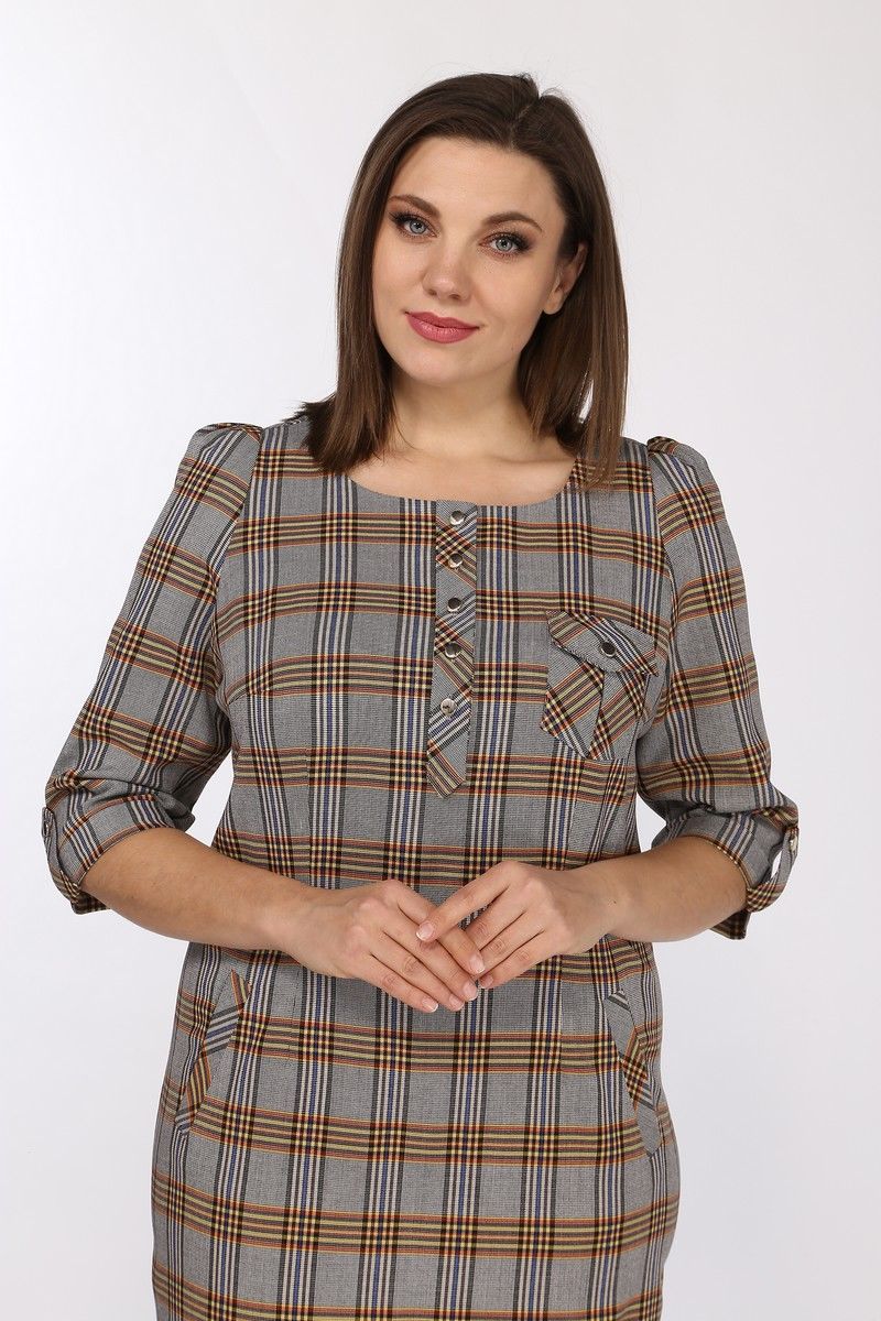 Платье полуприлегающее с пуговичной застежкой и карманами Lady Style Classic 432/6 клетка_серо-оранжевый 2