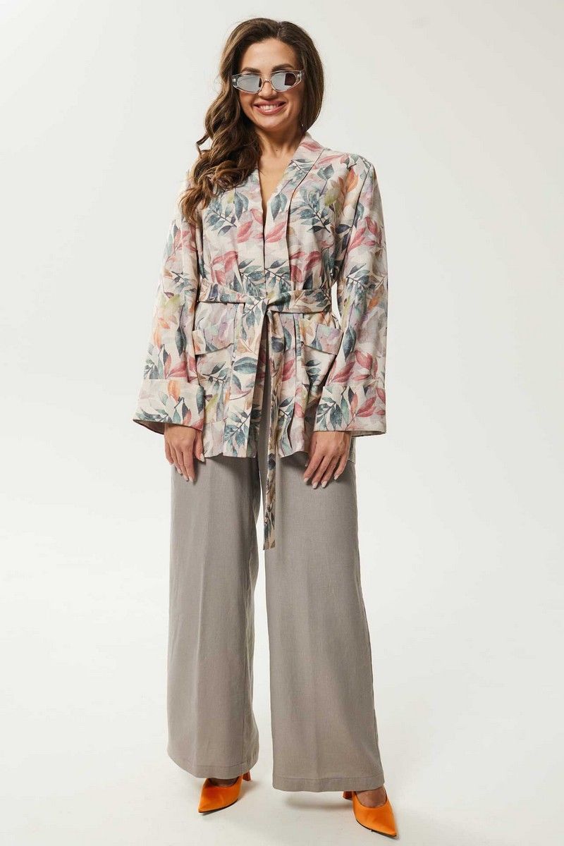 Брючный костюм Mislana С946 цветы+серый