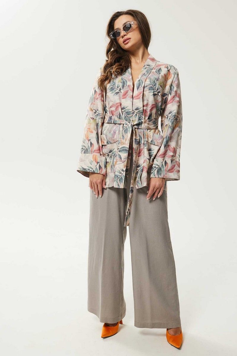 Брючный костюм Mislana С946 цветы+серый