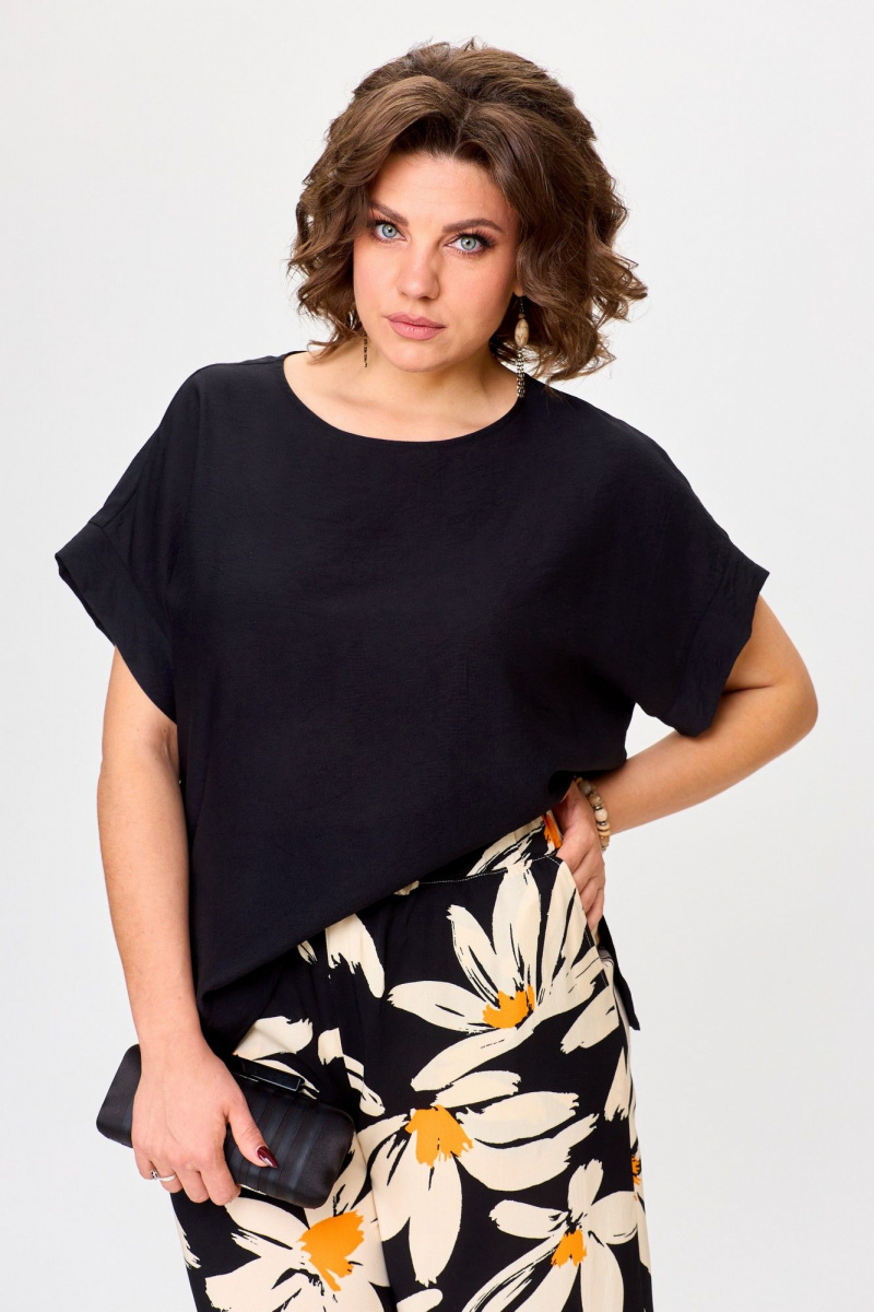 Брючный комплект Michel chic 1384 черный,ромашка