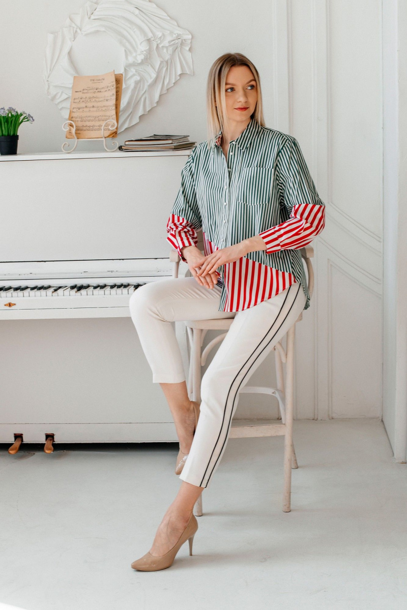 Рубашки Shymoda М_438-25 зелёная/красная/белая_полоска