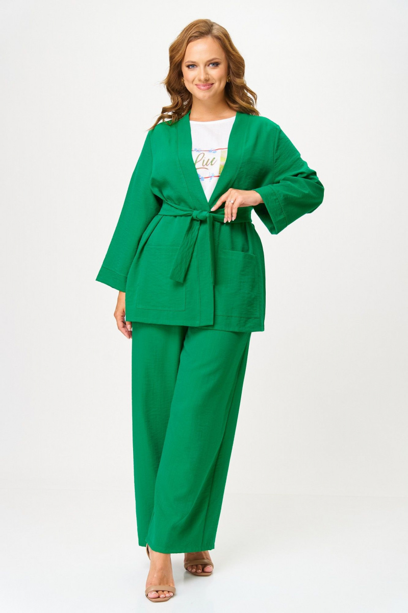 Брючный костюм ANASTASIA MAK 1290 зеленый+молочный