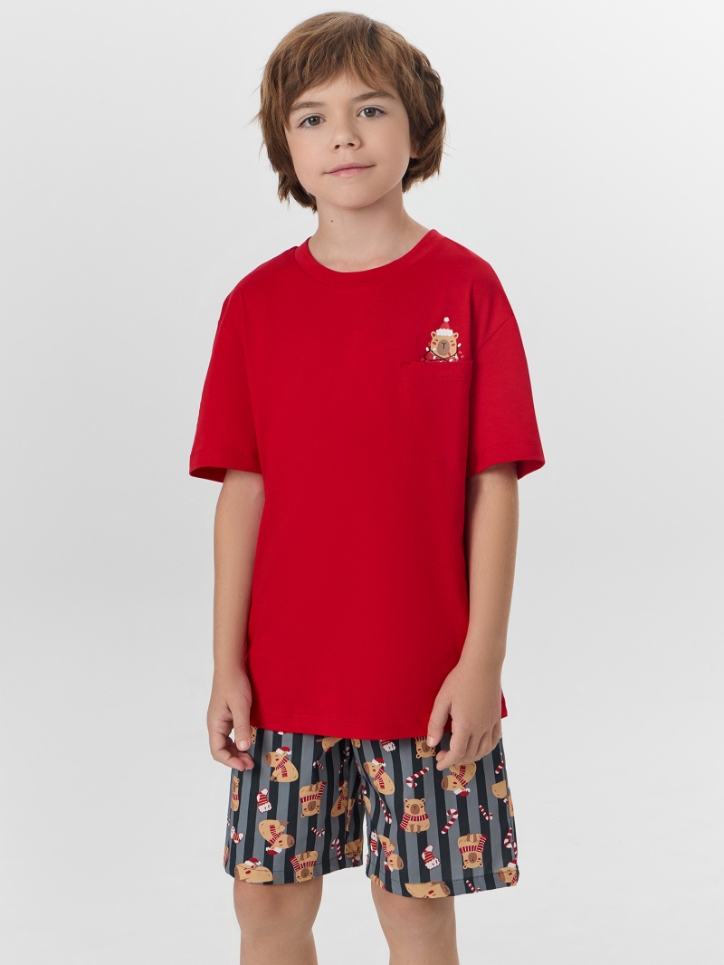 Пижамы Mark Formelle 563329/25-33883ПП-14 спелая_вишня_капибары_на_графитовой_полоске_3_сл_