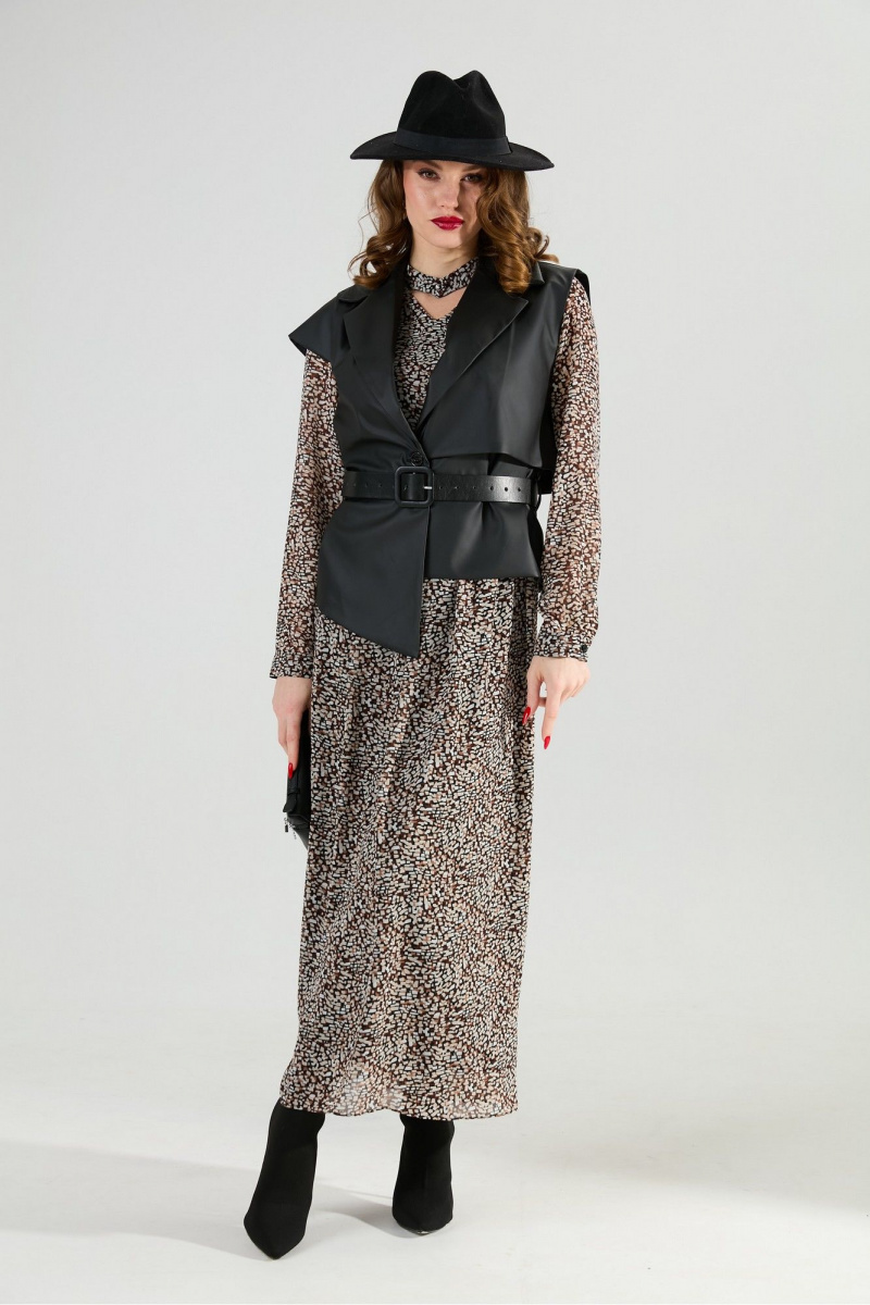 Плательный комплект NikVa 1020-1 коричневый мультиколор и чёрный