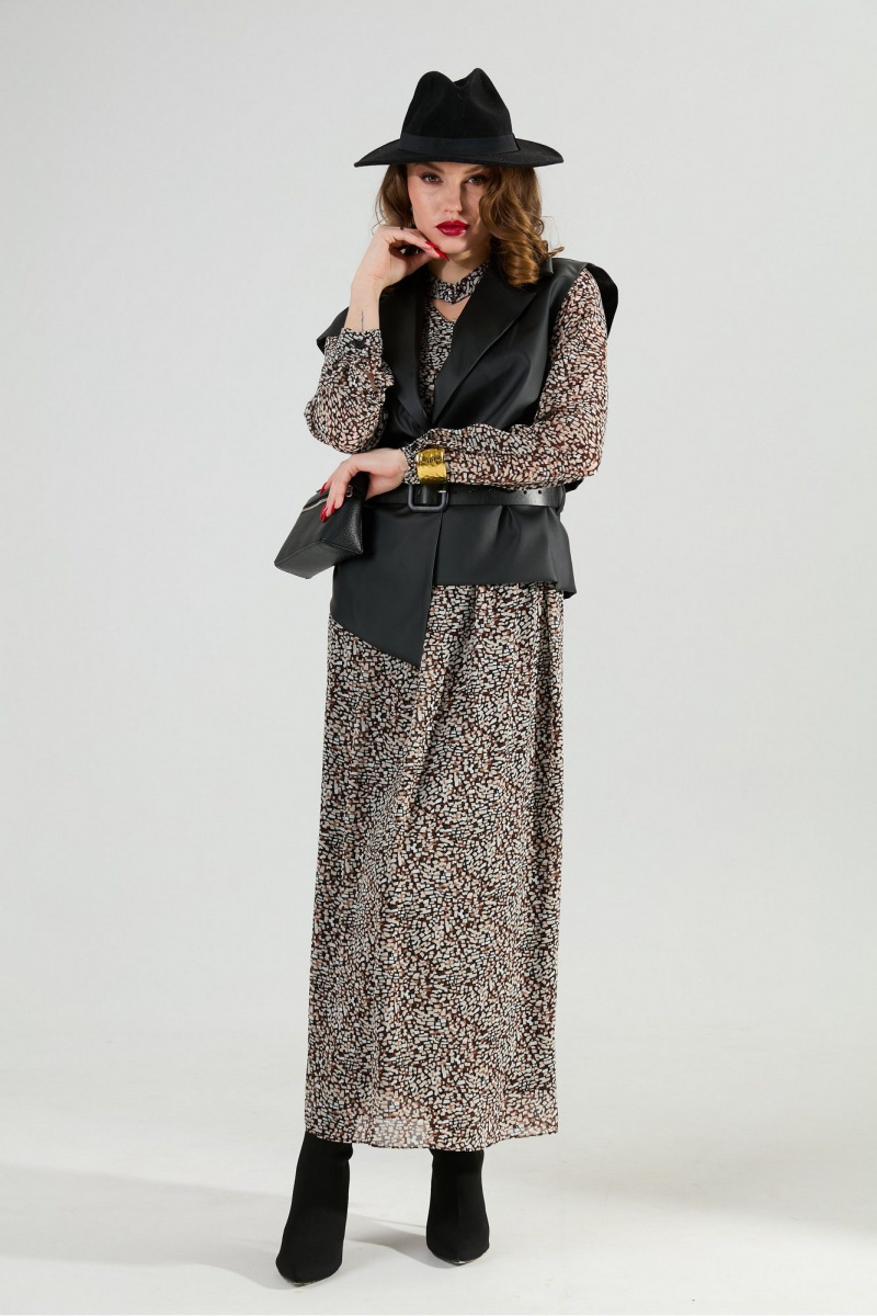 Плательный комплект NikVa 1020-1 коричневый мультиколор и чёрный