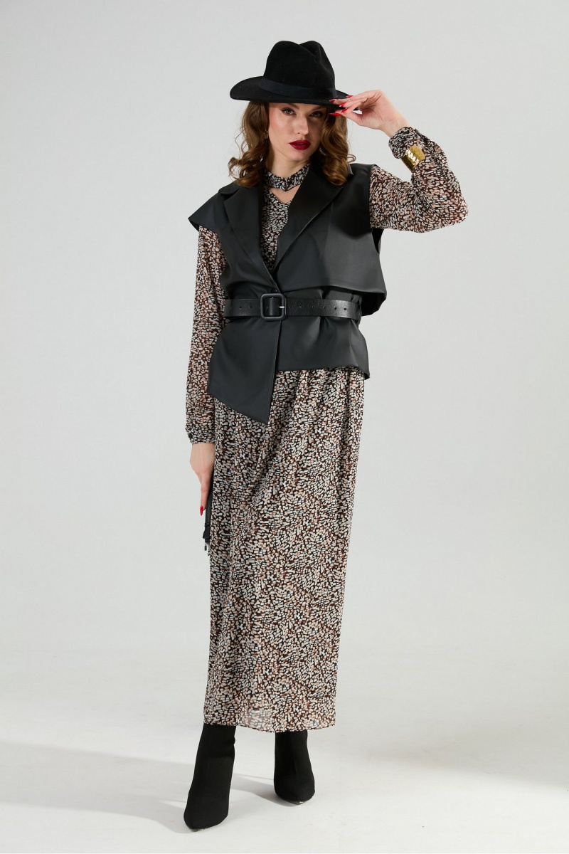 Плательный комплект NikVa 1020-1 коричневый мультиколор и чёрный