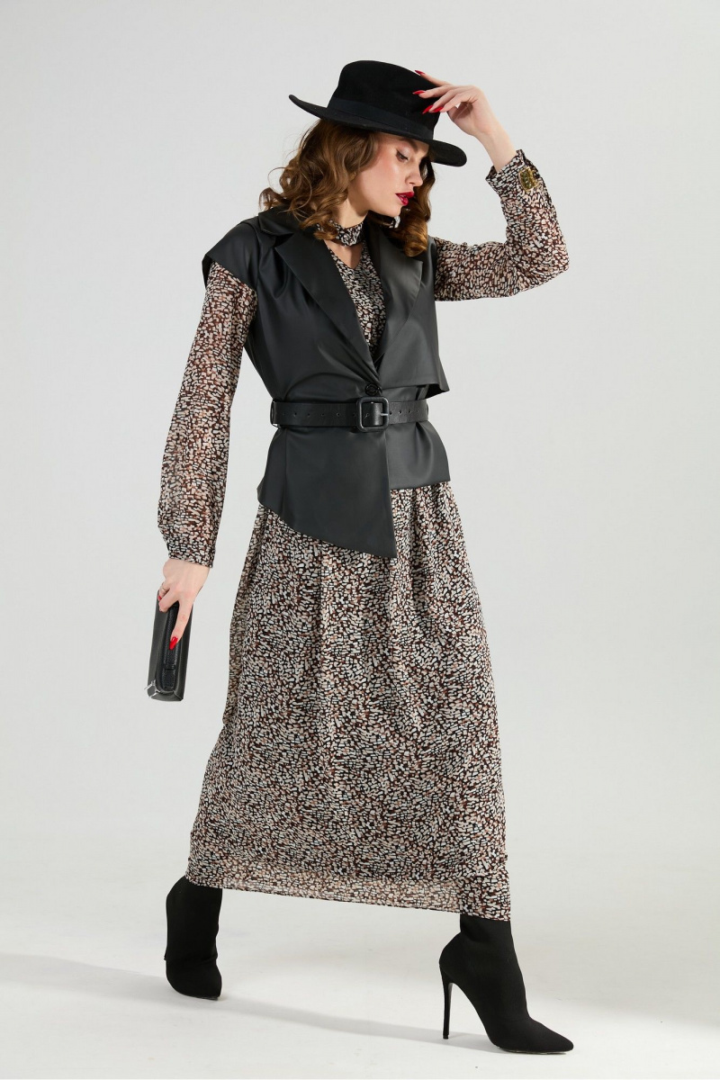 Плательный комплект NikVa 1020-1 коричневый мультиколор и чёрный