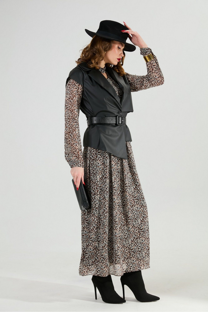 Плательный комплект NikVa 1020-1 коричневый мультиколор и чёрный