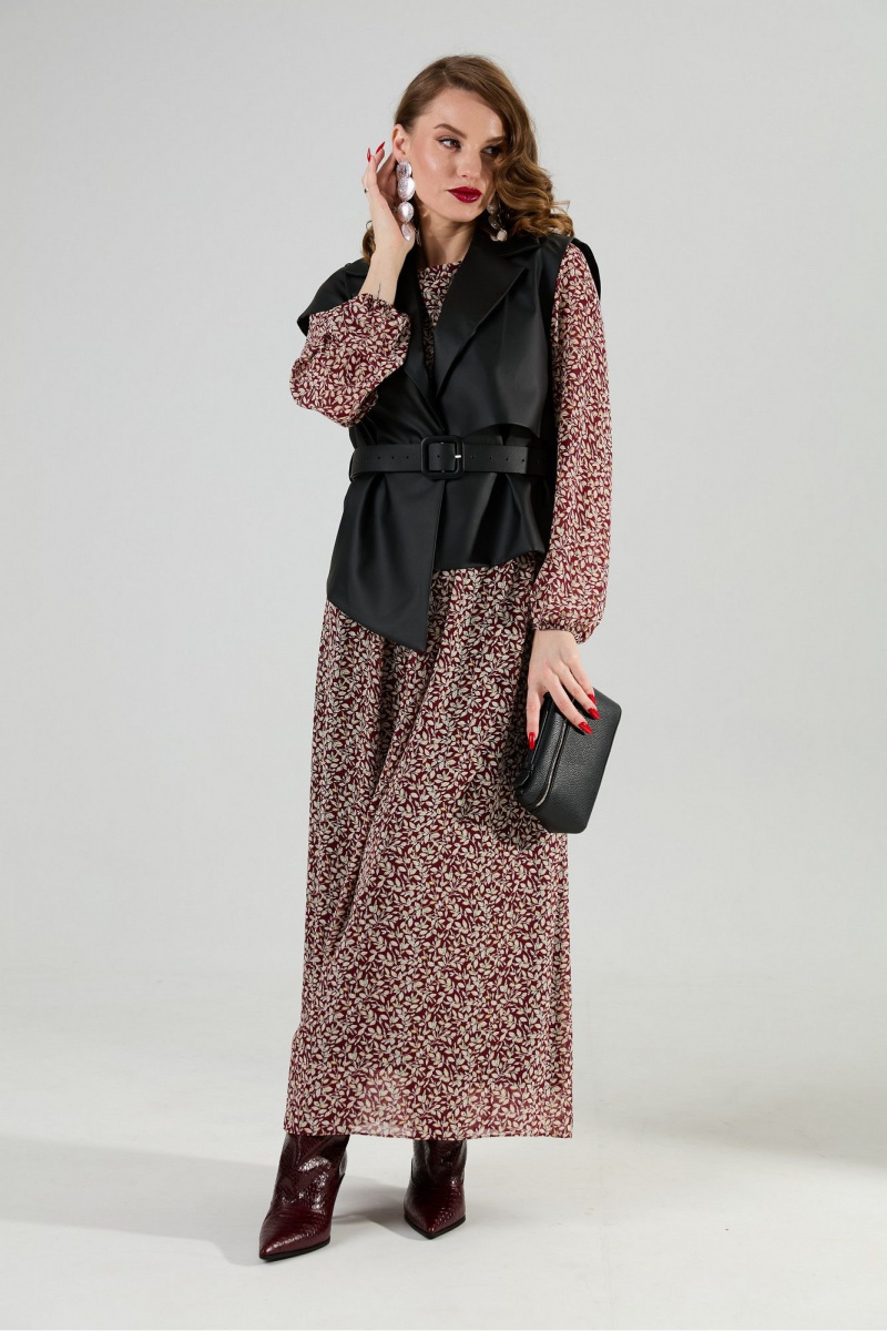 Плательный комплект NikVa 1020-4 листочки бургунди и чёрный