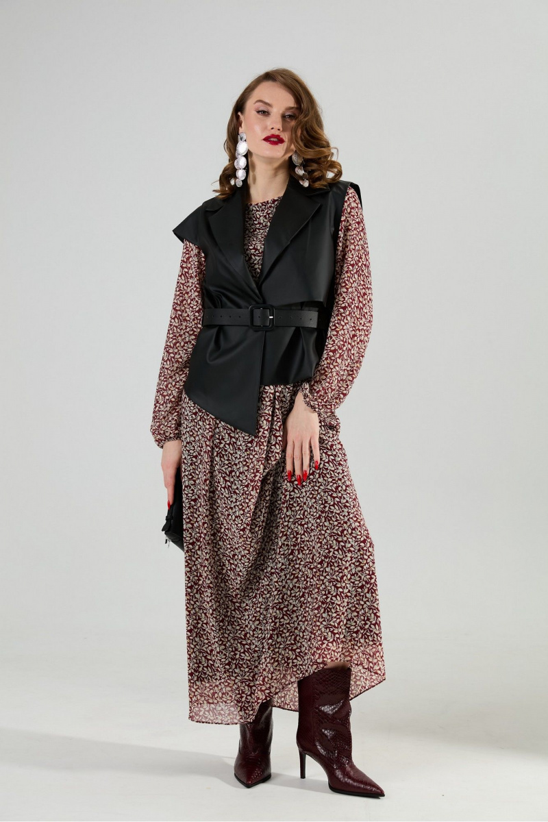 Плательный комплект NikVa 1020-4 листочки бургунди и чёрный