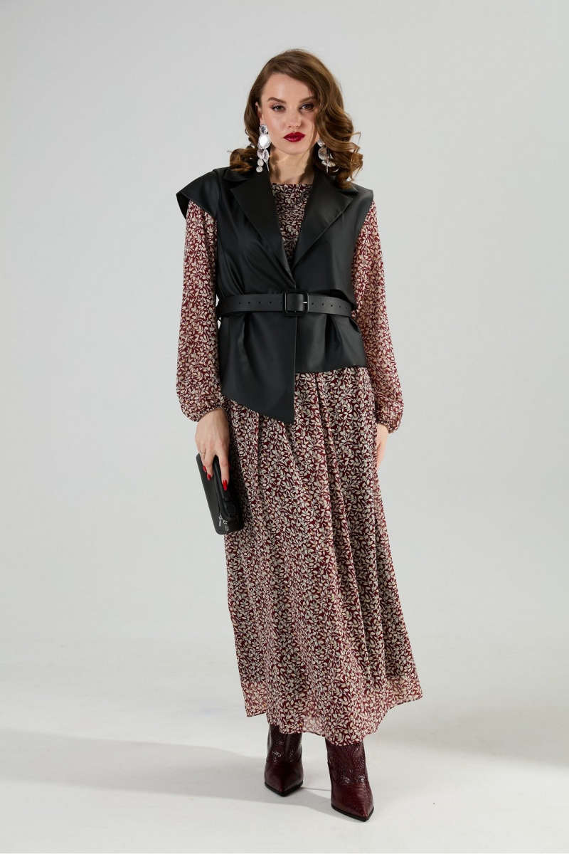 Плательный комплект NikVa 1020-4 листочки бургунди и чёрный