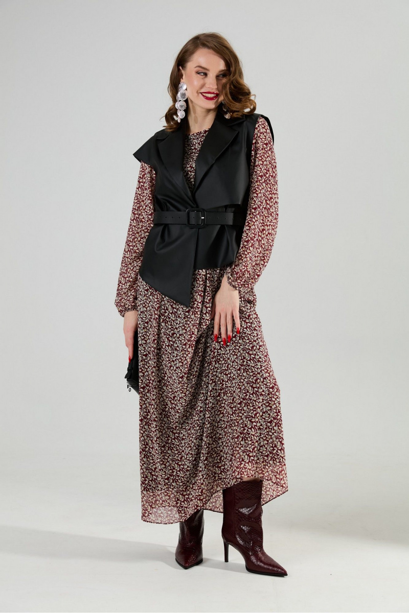 Плательный комплект NikVa 1020-4 листочки бургунди и чёрный