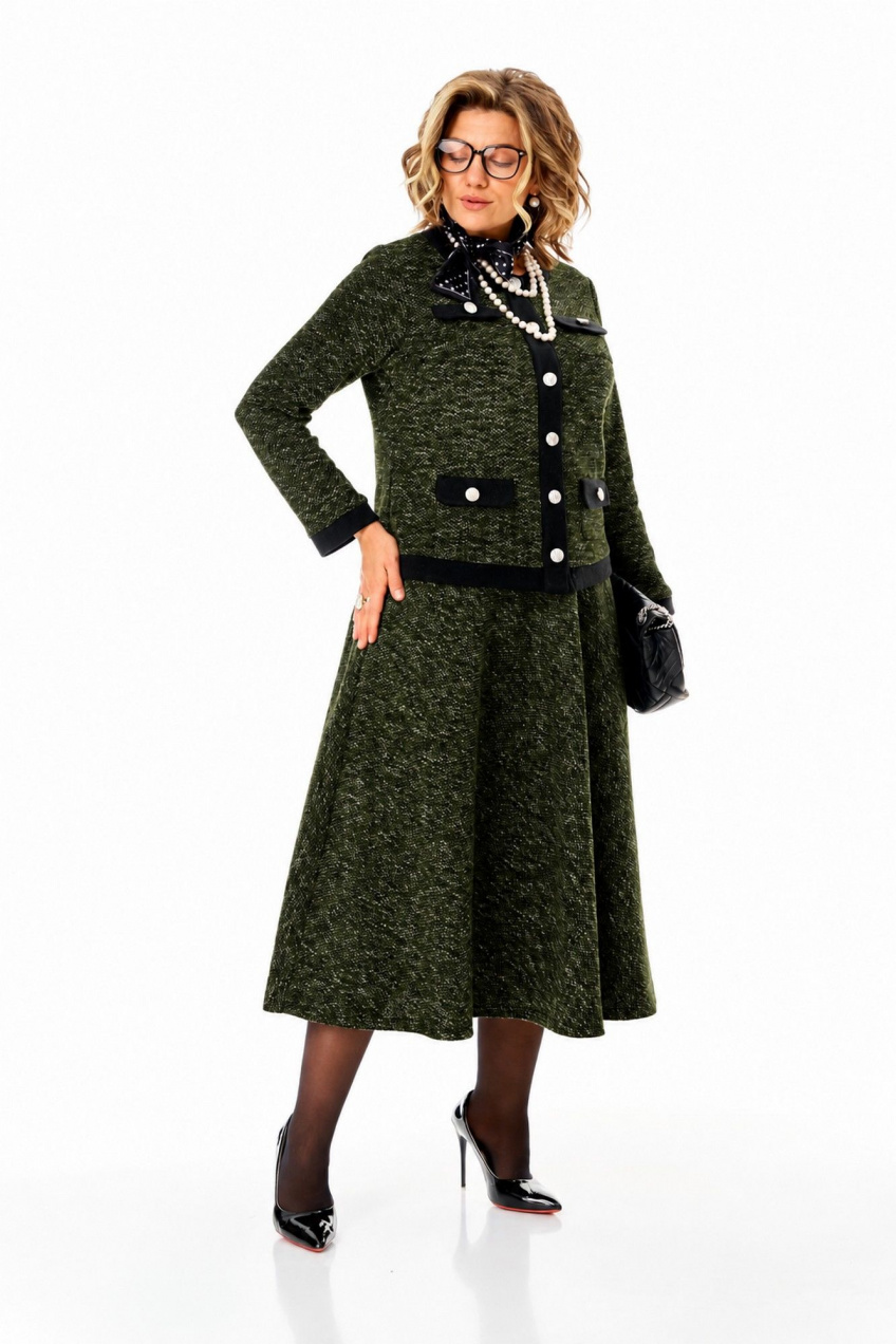 Костюм 2-ка с юбкой миди для офиса Anastasia м-1401 темно-оливковый 4