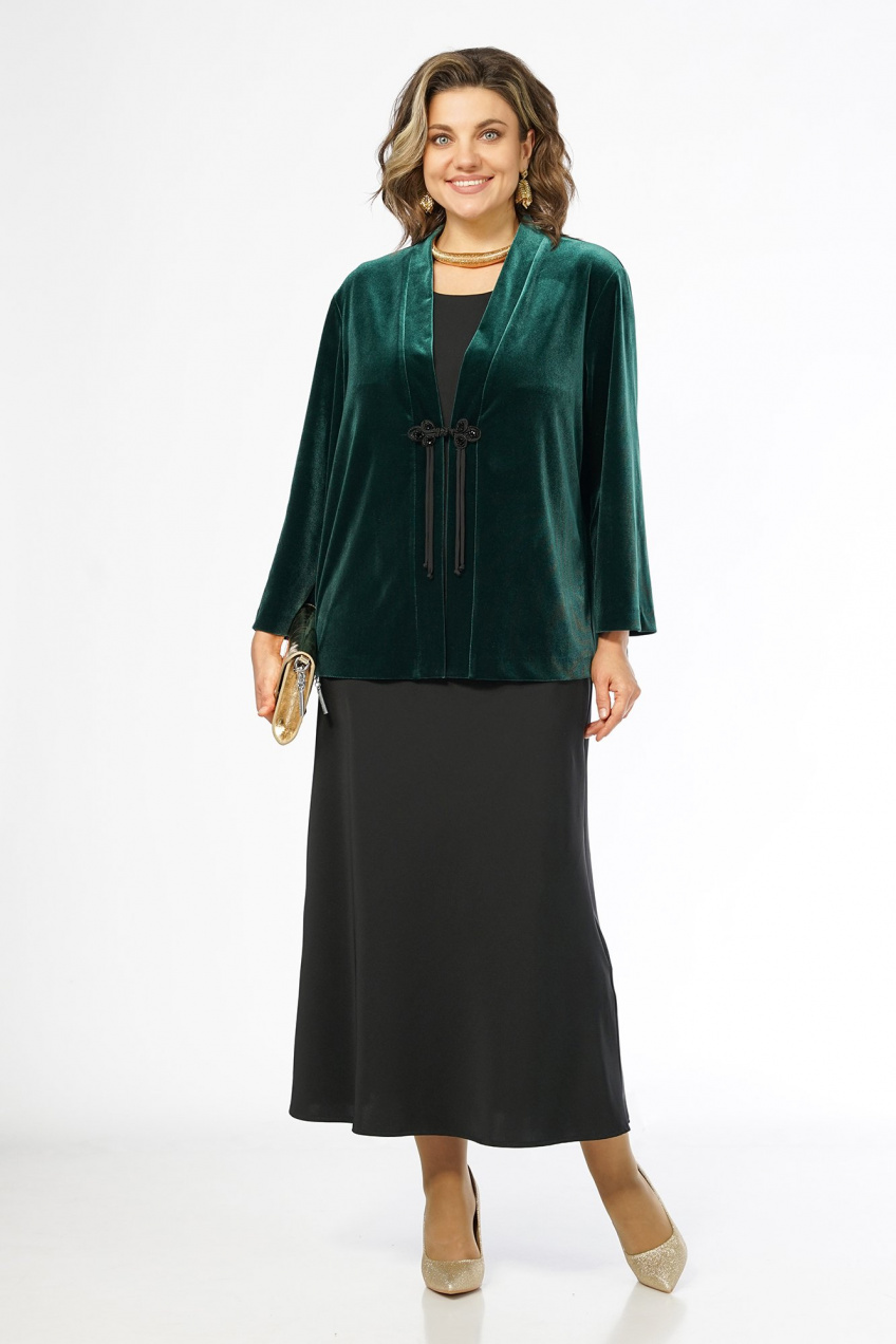 Костюм 2-ка с платьем и жакетом из велюра Alani Collection 2674 серый-черный-зеленый