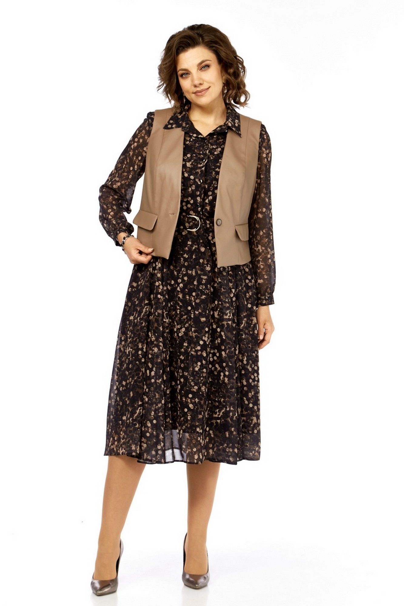 Комплекты с платьем Милора-стиль 1380/1 черный+капучино_кружочки