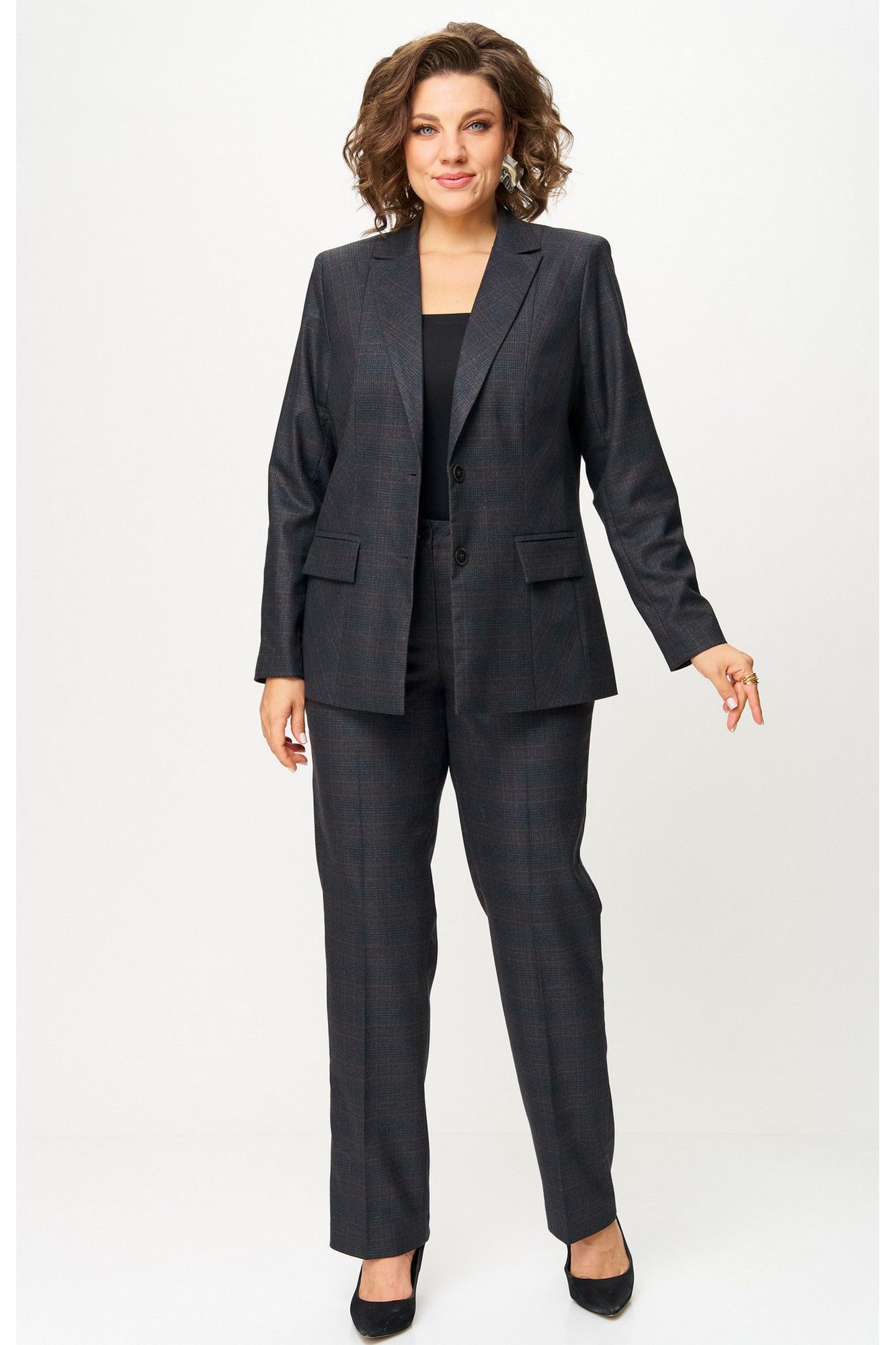 Брючные костюмы БелЭльСтиль 412-3_14_22+609-3_23_22 серо-коричневая клетка