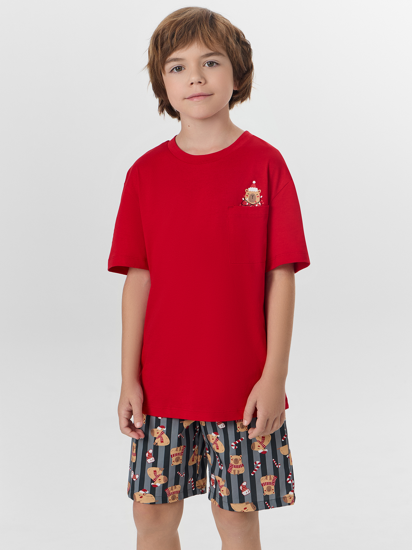 Пижамы Mark Formelle 563329/25-33883ПП-14 спелая_вишня_капибары_на_графитовой_полоске_3_сл_