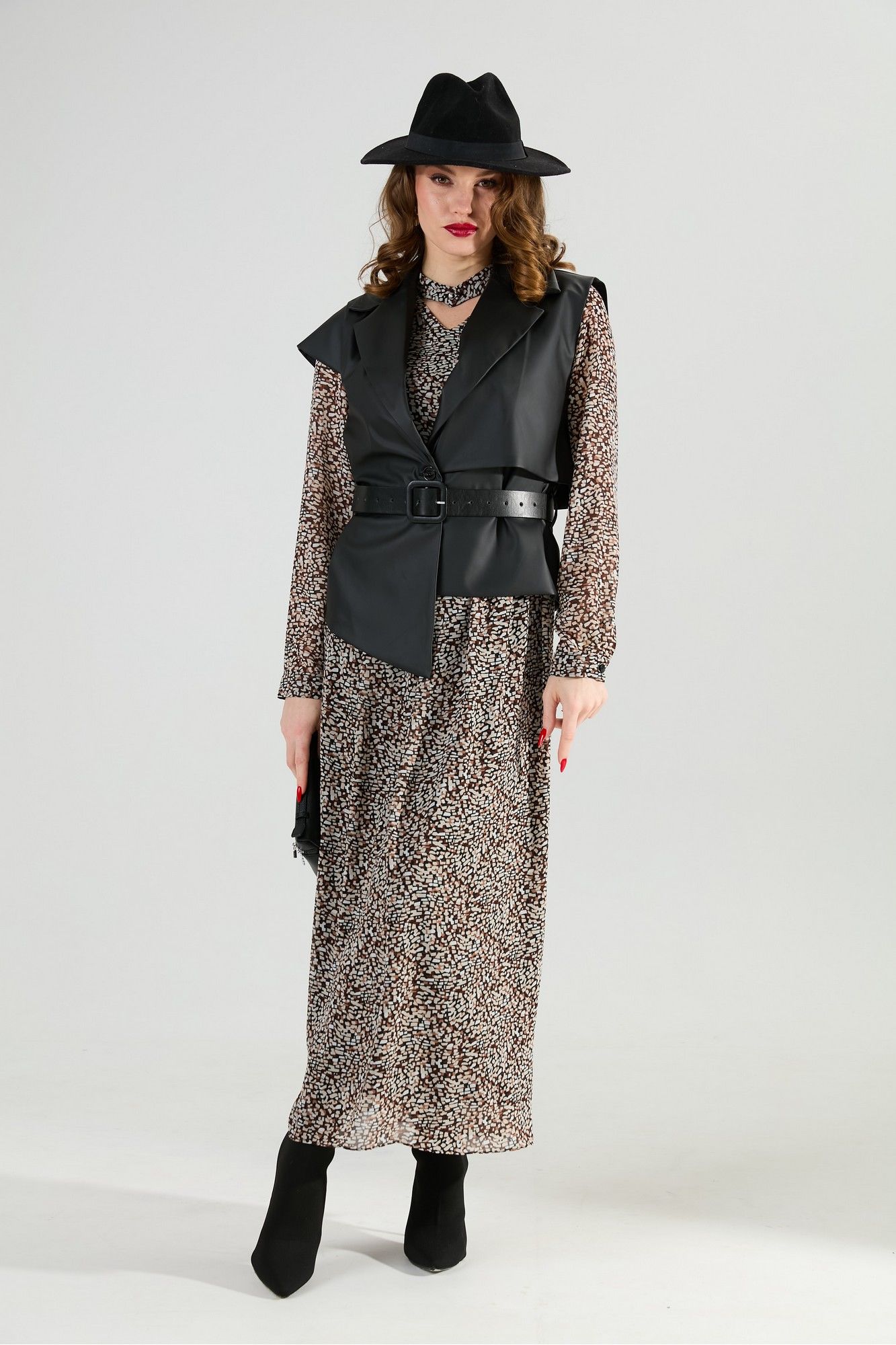 Комплекты с платьем NikVa 1020-1 коричневый мультиколор и чёрный